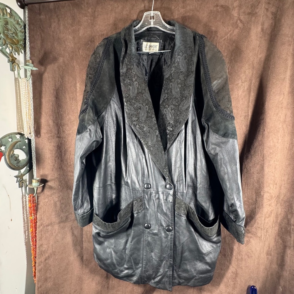 Liz Baker Essentials Vintage Black Leather Suede Paisley Trench Coat Womens XL